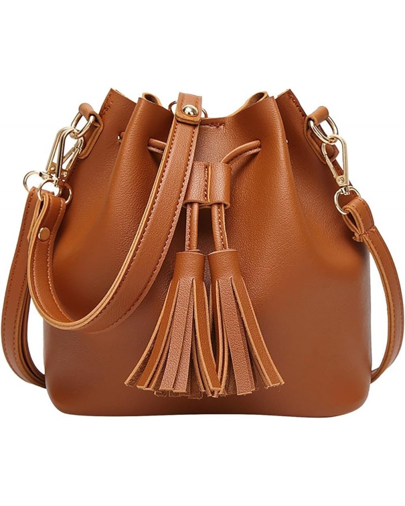 Solid Color Single Shoulder Women's Tassel Messenger Bag Drawstring Crossbody Bag PU Leather Shoulder Bag Cole Brown $11.20 S...