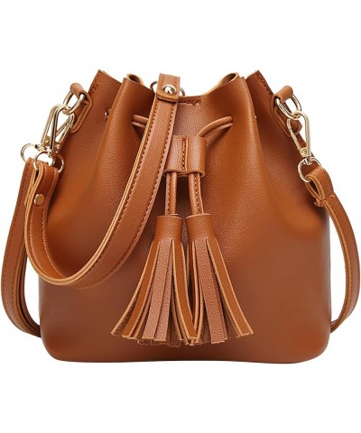 Solid Color Single Shoulder Women's Tassel Messenger Bag Drawstring Crossbody Bag PU Leather Shoulder Bag Cole Brown $11.20 S...