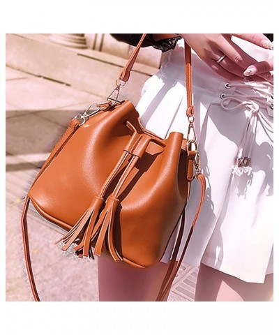 Solid Color Single Shoulder Women's Tassel Messenger Bag Drawstring Crossbody Bag PU Leather Shoulder Bag Cole Brown $11.20 S...