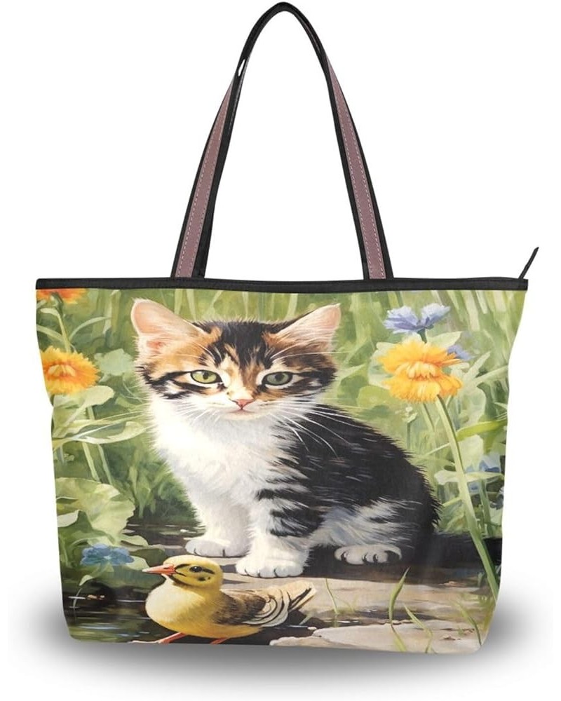 Women Tote Bags Flowers Floral Cat Duck Top Handle Satchel Handbags Shoulder Bag for Shopping 20848041 Duck Cat $8.40 Satchels