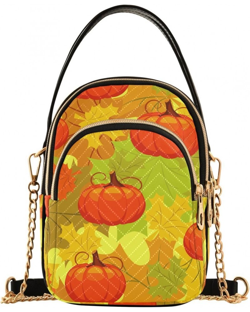 Fall Leaves Pumpkins Small Crossbody Handbag for Women Mini Over Shoulder Purse with Three Zippered Pockets Durable Sling Bag...