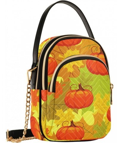 Fall Leaves Pumpkins Small Crossbody Handbag for Women Mini Over Shoulder Purse with Three Zippered Pockets Durable Sling Bag...