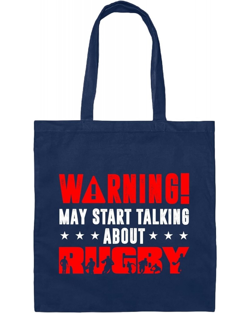 Funny Rugby Gift Idea for Rugby Fans and Lovers Warning May Start Talking About Rugby Navy Black Multicolor Canvas Tote Bag $...