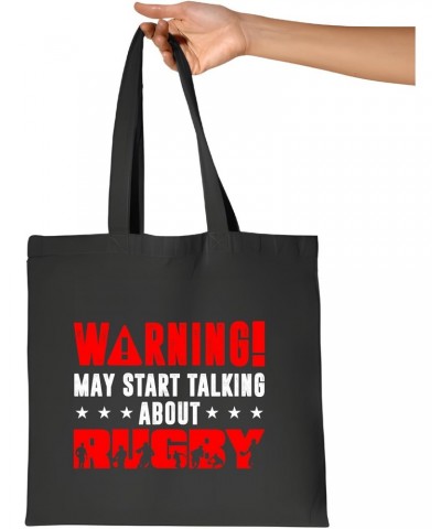 Funny Rugby Gift Idea for Rugby Fans and Lovers Warning May Start Talking About Rugby Navy Black Multicolor Canvas Tote Bag $...