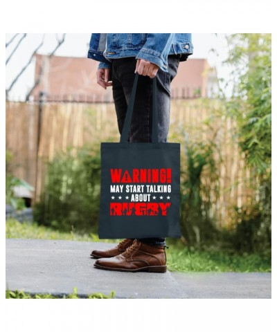 Funny Rugby Gift Idea for Rugby Fans and Lovers Warning May Start Talking About Rugby Navy Black Multicolor Canvas Tote Bag $...