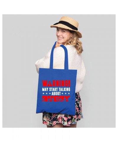 Funny Rugby Gift Idea for Rugby Fans and Lovers Warning May Start Talking About Rugby Navy Black Multicolor Canvas Tote Bag $...