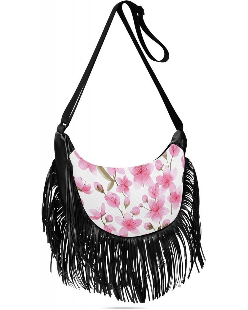 Spring Pink Cherry Flowers Fringe Bags for Women Cross Body Bag Tassel Shoulder Bag Satchel $12.96 Crossbody Bags