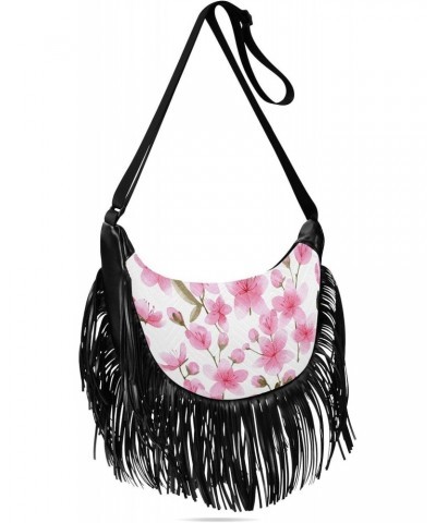 Spring Pink Cherry Flowers Fringe Bags for Women Cross Body Bag Tassel Shoulder Bag Satchel $12.96 Crossbody Bags