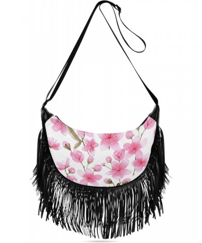 Spring Pink Cherry Flowers Fringe Bags for Women Cross Body Bag Tassel Shoulder Bag Satchel $12.96 Crossbody Bags