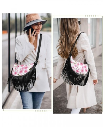 Spring Pink Cherry Flowers Fringe Bags for Women Cross Body Bag Tassel Shoulder Bag Satchel $12.96 Crossbody Bags