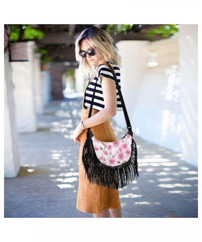 Spring Pink Cherry Flowers Fringe Bags for Women Cross Body Bag Tassel Shoulder Bag Satchel $12.96 Crossbody Bags