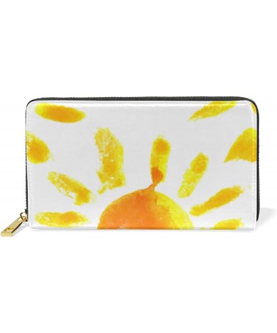 Hand Drawn Watercolor Sun Leather Long Wallet Organizer with Zipper Purse Clutch Bag for Women Men 4.13"(L) x 7.48"(W) Multi ...