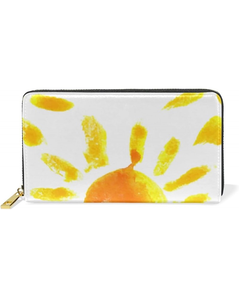 Hand Drawn Watercolor Sun Leather Long Wallet Organizer with Zipper Purse Clutch Bag for Women Men 4.13"(L) x 7.48"(W) Multi ...