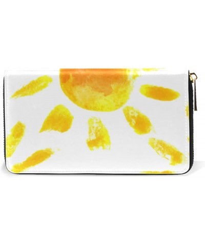 Hand Drawn Watercolor Sun Leather Long Wallet Organizer with Zipper Purse Clutch Bag for Women Men 4.13"(L) x 7.48"(W) Multi ...