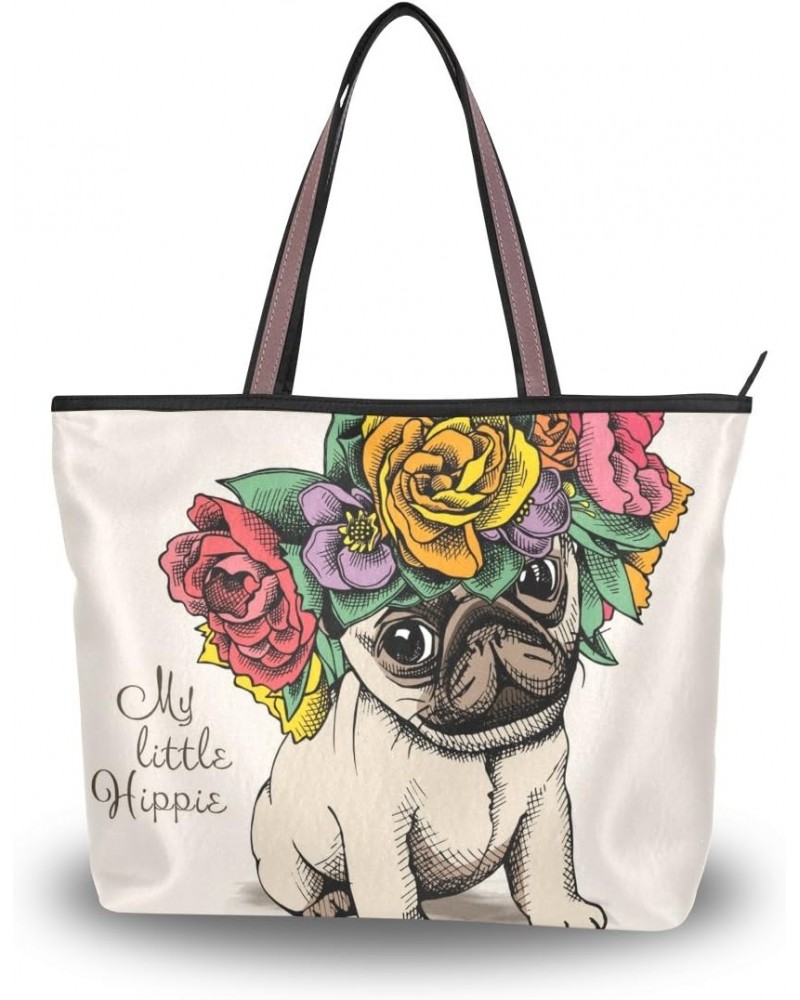 Cooper girl Funny Pug Dog Flowers Tote Bag Top Handle Handbag Shoulder Bag Large Capacity $19.23 Totes