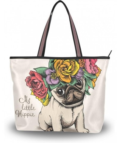 Cooper girl Funny Pug Dog Flowers Tote Bag Top Handle Handbag Shoulder Bag Large Capacity $19.23 Totes