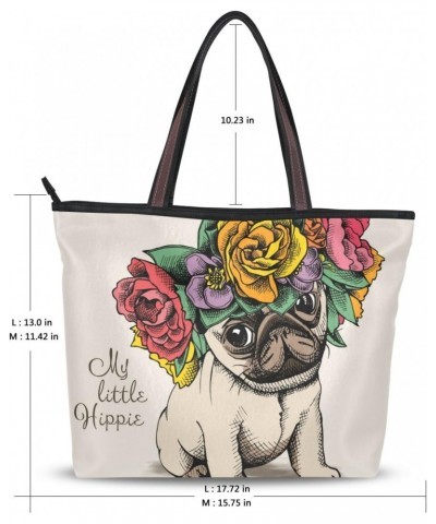 Cooper girl Funny Pug Dog Flowers Tote Bag Top Handle Handbag Shoulder Bag Large Capacity $19.23 Totes