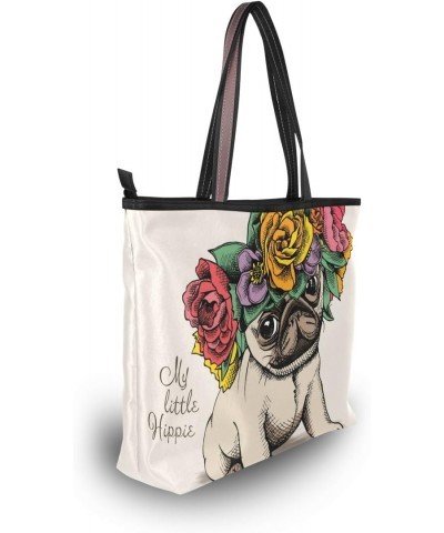 Cooper girl Funny Pug Dog Flowers Tote Bag Top Handle Handbag Shoulder Bag Large Capacity $19.23 Totes