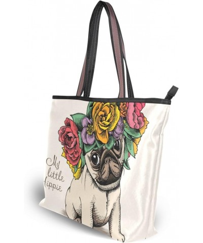 Cooper girl Funny Pug Dog Flowers Tote Bag Top Handle Handbag Shoulder Bag Large Capacity $19.23 Totes