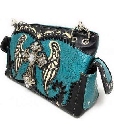 Western Tooled Leather/Laser Cut Bling Rhinestone Cross Wings Handbag Purse and Wallets in 5 Colors Black Green Handbag and W...