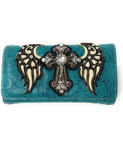 Western Tooled Leather/Laser Cut Bling Rhinestone Cross Wings Handbag Purse and Wallets in 5 Colors Black Green Handbag and W...