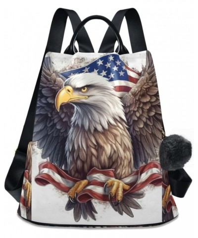 Bald Eagle Draped in Flag Travel Backpack Purse for Women Multipurpose Design Ladies Fashion Bag with Pompom $21.59 Backpacks