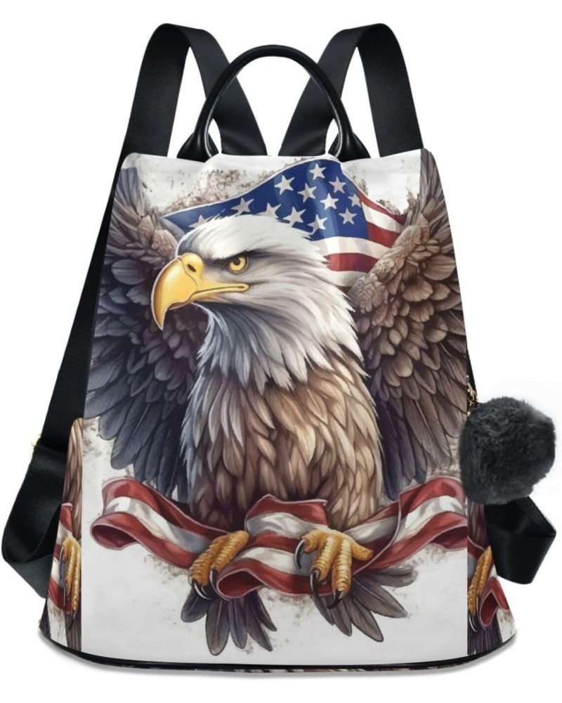 Bald Eagle Draped in Flag Travel Backpack Purse for Women Multipurpose Design Ladies Fashion Bag with Pompom $21.59 Backpacks