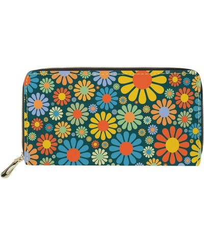 Hippie Daisy Flower Wallets for Women Colorful Floral Small PU Leather Card Holder Purse With Zipper Pocket Bohemian Style Fl...