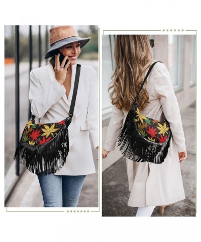 Black Yellow Leaves Tassel Crossbody Handbags for Women Ample Capacity Shoulder Bag with Adjustable Strap Durable Shoulder Pu...