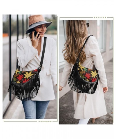 Black Yellow Leaves Tassel Crossbody Handbags for Women Ample Capacity Shoulder Bag with Adjustable Strap Durable Shoulder Pu...