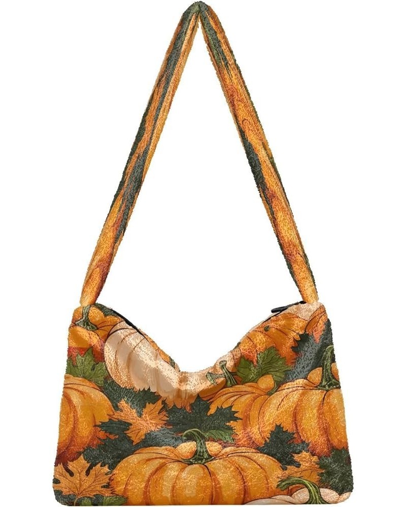 Flower on Black with Watercolor Shoulder Handbags, Crossbody Bookbag for Women, Autumn Handbags Autumn Pumpkins With Leaves-8...