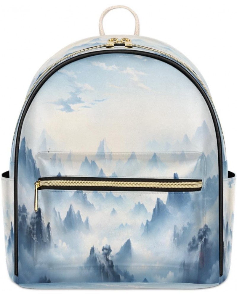 Landscape Foggy Mini Backpack Purse for Women, Mountain Tree Small Fashion Backpack PU Leather Casual Daypack Travel Shoulder...