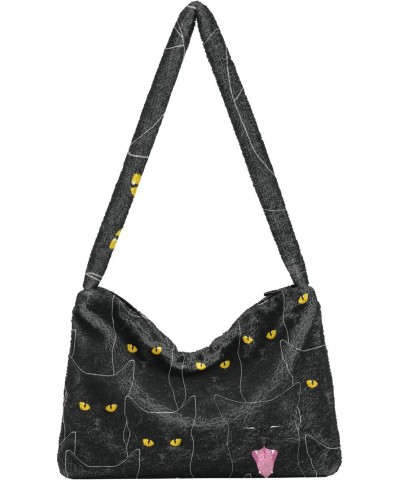 Plush Underarm Bag-Black Cats2, Ladies Fluffy Shoulder Bag, Women Fluffy Tote Bag for Autumn and Winter $9.25 Totes