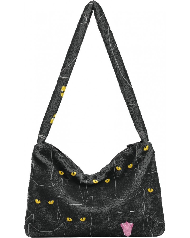 Plush Underarm Bag-Black Cats2, Ladies Fluffy Shoulder Bag, Women Fluffy Tote Bag for Autumn and Winter $9.25 Totes