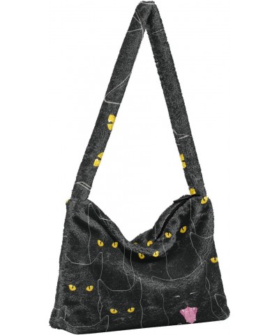 Plush Underarm Bag-Black Cats2, Ladies Fluffy Shoulder Bag, Women Fluffy Tote Bag for Autumn and Winter $9.25 Totes