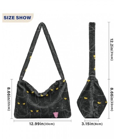 Plush Underarm Bag-Black Cats2, Ladies Fluffy Shoulder Bag, Women Fluffy Tote Bag for Autumn and Winter $9.25 Totes