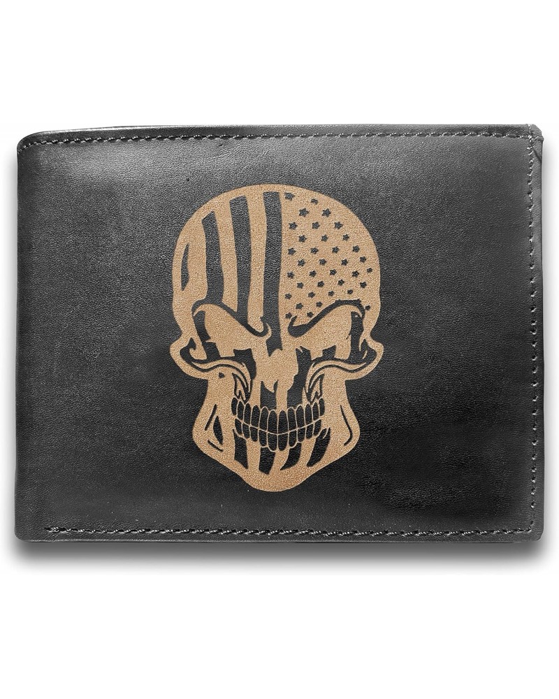 American Flag Skull USA Genuine Cowhide Leather Laser Engraved Engraving Slimfold Mens Large Capacity Luxury Wallet Purse Min...