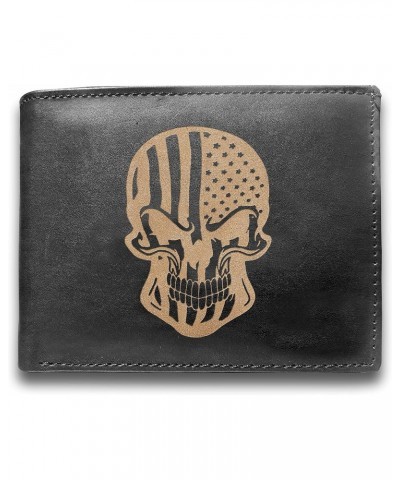 American Flag Skull USA Genuine Cowhide Leather Laser Engraved Engraving Slimfold Mens Large Capacity Luxury Wallet Purse Min...