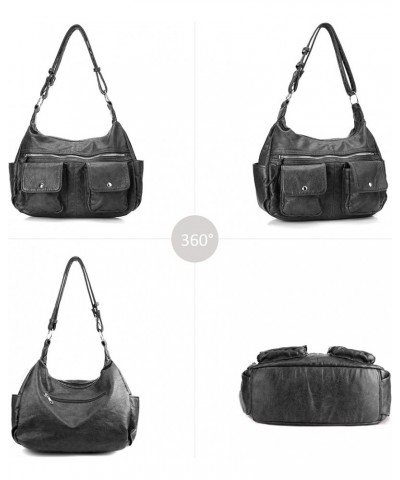 Crossbody Bag for Women Multi Pockets Shoulder Bags Medium Washed Soft Leather Travel Purses Medium Black $12.60 Crossbody Bags