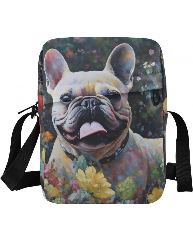 Cute Dog in Flower Sling Bag Zipper Closure Crossbody Messenger Bags Purse with Card Phone Passport Compartment 6.6×9.4×2.5 i...