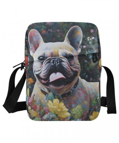 Cute Dog in Flower Sling Bag Zipper Closure Crossbody Messenger Bags Purse with Card Phone Passport Compartment 6.6×9.4×2.5 i...