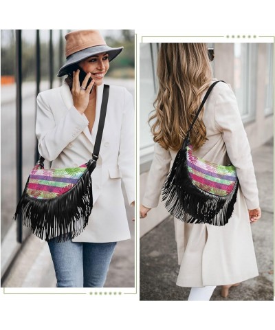 Women Fringe Tassel Cross Body Bag Vivid Purple Flower Leisure Shoulder Bag Color321 $15.59 Crossbody Bags