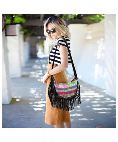 Women Fringe Tassel Cross Body Bag Vivid Purple Flower Leisure Shoulder Bag Color321 $15.59 Crossbody Bags