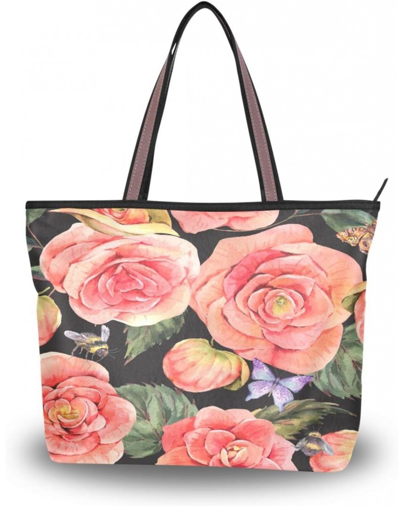 Womens Tote Bag, Begonia Flower Rose Flroal Bee Butterfly Ladies Zip Shoulder Handbags $14.15 Shoulder Bags