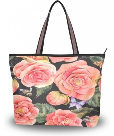 Womens Tote Bag, Begonia Flower Rose Flroal Bee Butterfly Ladies Zip Shoulder Handbags $14.15 Shoulder Bags