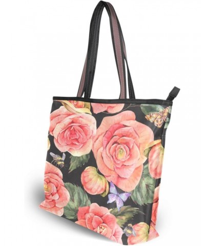 Womens Tote Bag, Begonia Flower Rose Flroal Bee Butterfly Ladies Zip Shoulder Handbags $14.15 Shoulder Bags