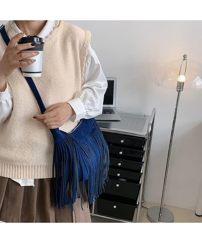 Fashion Tassel Cross-body Shoulder Tote Bag Women's PU Leather Tassel Cross-body Bag Blue $15.68 Totes