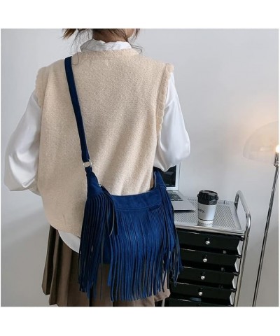 Fashion Tassel Cross-body Shoulder Tote Bag Women's PU Leather Tassel Cross-body Bag Blue $15.68 Totes