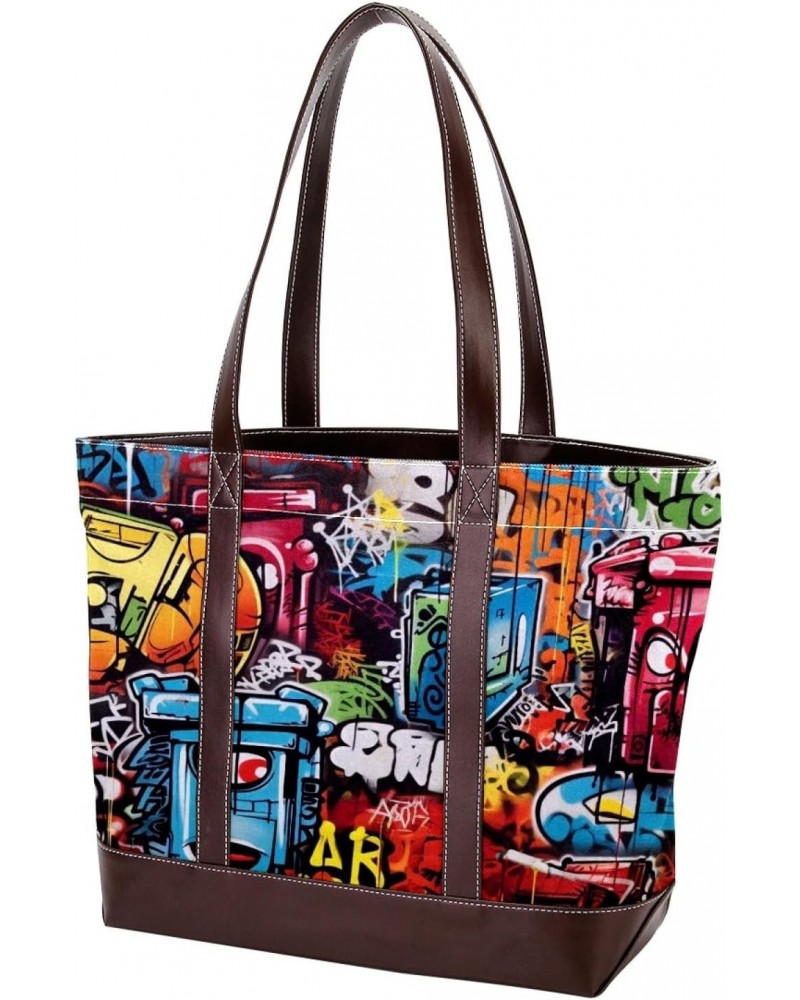 Graffiti Canvas Leather Mix Handbag - Stylish 13.3x4.7x12.2 in Bag for Women - Chic Blend of Canvas & Leather - Ideal for Eve...