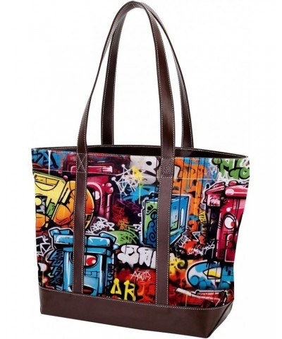 Graffiti Canvas Leather Mix Handbag - Stylish 13.3x4.7x12.2 in Bag for Women - Chic Blend of Canvas & Leather - Ideal for Eve...